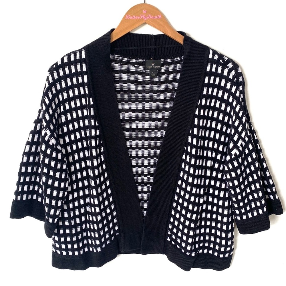 (A53) Worthington Black & White Checkered open front cardigan, 3/4 Sleeve Size L